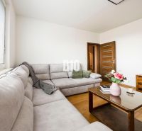 Living room in a 3-room apartment with a comfortable sofa and a wooden-patterned floor.