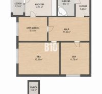 Floor plan of a 3-room apartment with a loggia, kitchen, bathroom, and cellar, without wooden decor.