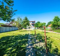 A garden at a family house in the town of Branč with fruit trees and a lawn.