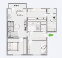 Floor plan of a 3-room apartment with a balcony, kitchen, bathroom, and living room.