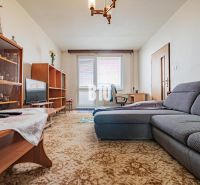 Living room with carpeted floor and gray sofa in a three-room apartment.
