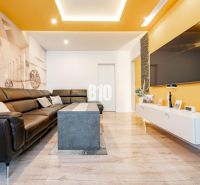 Living room in a 3-room apartment with a leather sofa set and a floor with a wood decor.