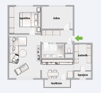 Floor plan of a 3-room apartment with a balcony, bedroom, room, pantry, and wardrobe.