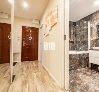 A hallway with a wooden decor floor leads to a luxurious marble bathroom in a 3-room apartment.