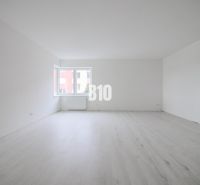 A spacious room in a one-bedroom apartment with a wood-decor floor and a large window.