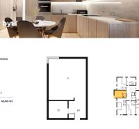 Interior of a 1-room apartment with a dining table and kitchen, floor with wooden decor.