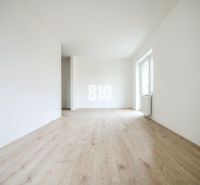 A bright interior of a one-room apartment with a wooden decor floor and white walls.