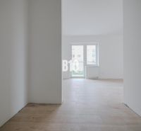 A bright room with a wooden decor floor in a studio apartment, window in the middle.