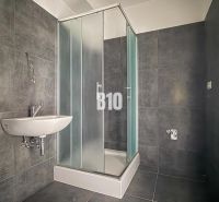 A bathroom with a shower and a sink in a 2-room apartment.