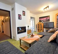 Living room of a cottage with a comfortable sofa, fireplace, and television.