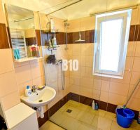 A bathroom in a cabin with a sink, a shower, and a window letting in light.