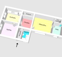 Floor plan of a family house with a kitchen, living room, bedroom, and other rooms.