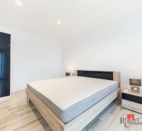Bedroom in a 2-room apartment with wood-patterned flooring, a bed, and nightstands.
