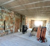 The interior of a family house under renovation with brick walls.