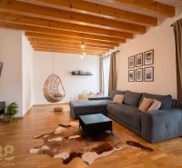 Living room in a 4-room apartment with a wooden decor floor and a hanging chair.