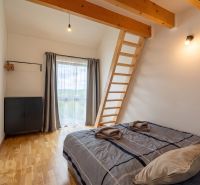 Bedroom in a 4-room apartment with a ladder, bed, and wooden decor flooring.