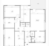 Floor plan of a family house with a room, kitchen, bathroom, and terrace.