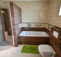 A bathroom in a family house with a bathtub tiled with wood-patterned tiles.
