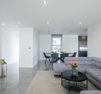 Living room with a comfortable sofa and a dining table in a family house.
