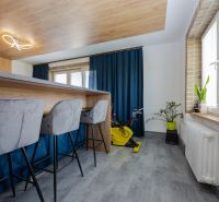 Kitchen island, gray chairs, and a bicycle in a 3-room apartment with wood-patterned flooring.