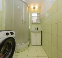 Bathroom in a 3-room apartment with a washing machine, shower, and sink.