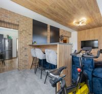 3-room apartment with a bar counter, brick walls, and a wooden decor floor.