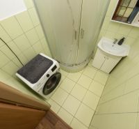 A bathroom in a 3-room apartment with a washing machine, shower, and sink.