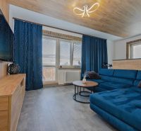 Living room in a 3-room apartment with a blue sofa and a floor with a wooden decor.