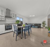 Kitchen and living room in a family house with a wooden decor floor, modern furniture, plants.