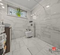 A bathroom in a family house with marble tiles and a wall-mounted toilet.