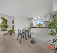 Living room with kitchen, wooden decor flooring, plants, dining table, family house.