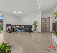 Living room with a comfortable sofa in a family house, floor with wooden decor.