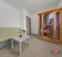 A room in a family house with an infrared sauna and a sofa, floor with wooden decor.
