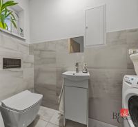 A bathroom in a family house with a toilet and a washing machine, tiled with light tiles.