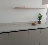 A kitchen in a 2-room apartment with drawers, a counter, and decorative greenery.