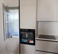 Kitchen unit in a 2-room apartment with an open refrigerator and a cooktop.
