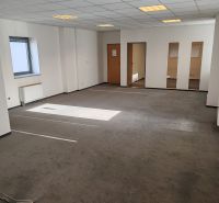 Offices with carpeted floors, white walls, and windows without curtains.