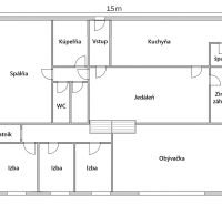 The floor plan of the family house in Chrabrany shows the layout with five rooms and a walk-in closet.