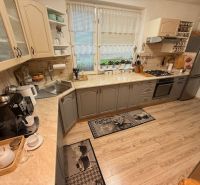 A kitchen in a family house with a wooden decor floor and kitchen equipment.