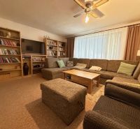 Living room in a family house with a comfortable sofa, bookshelf, and television.