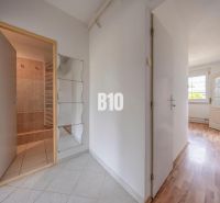 Entrance hallway in a 2-room apartment with a wooden decor floor and a bathroom.