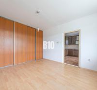 A room with a wooden decor floor and a built-in wardrobe in a 2-room apartment.