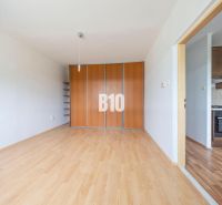 Interior of a 2-room apartment with a wooden decor floor and a built-in wardrobe.