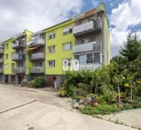 Green apartment building with a garden on Družstevná Street in Malinovo.