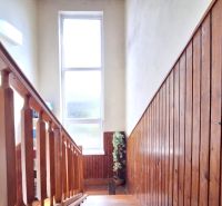 A staircase with a railing and wooden paneling in a family house.