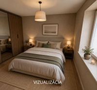 A bedroom in a family house with a bed, wardrobe, lamps, and a wooden-decor floor.