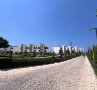 Residential buildings in Agia Eirini are lined with manicured greenery and a paved path.