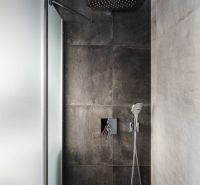 A shower enclosure in a 2-room apartment with walls in dark shades and a glass screen.