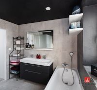 Bathroom in a 2-room apartment with a bathtub, sink, and storage space.
