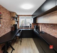 A kitchen with brick walls, black cabinets, and wood-patterned flooring in a two-room apartment.
